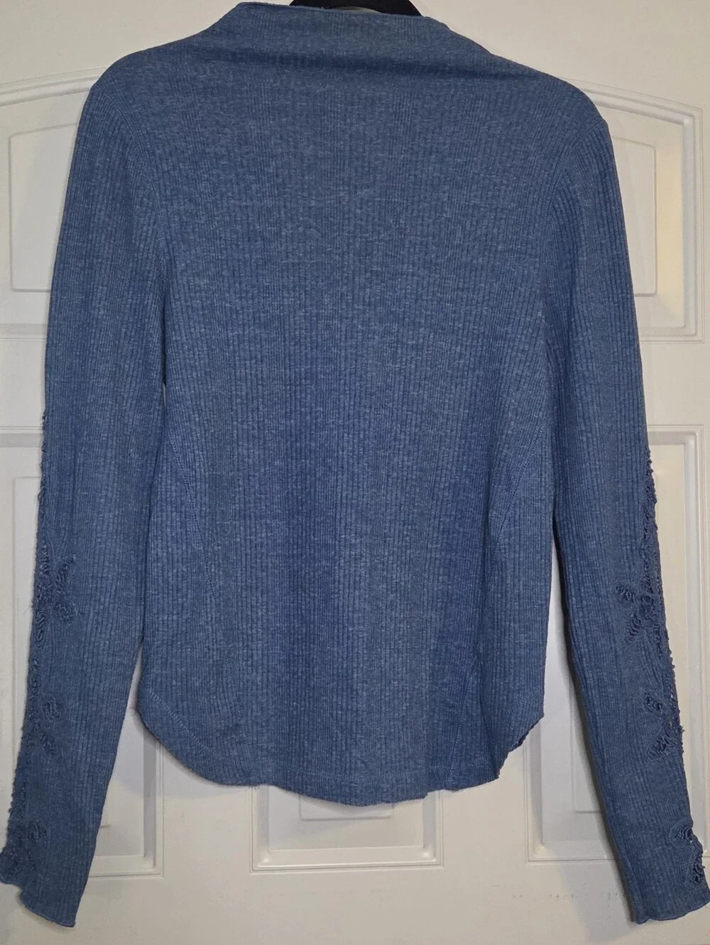 Free People - Heathered Blue Ribbed Long Sleeve Top with Sleeve Embroidery